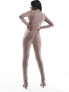 Simmi contour zip detail split leg unitard in taupe