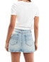 Stradivarius denim mini skirt with stud detail in medium wash blue