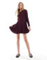 Monki long sleeve mini skater dress in burgundy