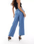 Vila Petite wide leg trousers with tie waist in blue chambray