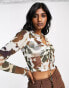 ASOS DESIGN mesh top with tie ring front in cow print - MULTI