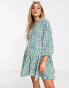 Glamorous Maternity tie neck tiered smock mini dress in teal leopard