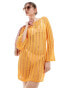 Vila open knit chuck on beach dress in bright orange