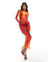 Murci exclusive long sleeve mesh maxi dress in red abstract print