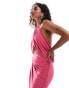 ASOS DESIGN Petite halter ruched midi dress with central cut out detail in hot pink