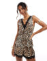 Miss Selfridge satin lace trim tie front playsuit in animal print