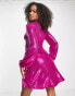 Flounce London Tall wrap front mini dress with balloon sleeve in fuschia metallic sparkle