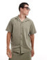 River Island revere collar plisse shirt co-ord in light khaki