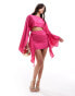 Aria Cove satin kimono sleeve cut out tie front mini dress in pink