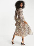 ASOS DESIGN dobby button through long sleeve lace trim midi tea dress in animal print