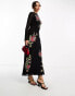 ASOS DESIGN long sleeve maxi dress with red floral embroidery