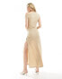 Lioness textured off shoulder thigh split midaxi dress in beige