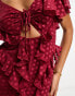 ASOS DESIGN flutter sleeve ruffle maxi dress with cut out detail in textured spot in dark red