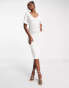 Unique21 v neck ribbed midi dress with tie detail in cream