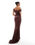 ASOS DESIGN plisse one shoulder premium drape maxi dress with super high split in chocolate