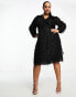 Vila Curve fluffy textured wrap mini dress in black