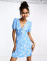 Glamorous corset front puff sleeve mini shift dress in blue scribble