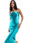 In The Style exclusive liquid satin bandeau cut out back maxi dress in turquoise