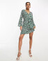 I Saw It First flared sleeve tie waist mini dress in green zebra