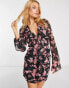 ASOS DESIGN ruched mini dress with fluted sleeves in butterfly print