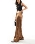 ASOS DESIGN stretch satin wide leg trousers with skinny waistband in chocolate