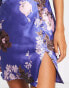 ASOS DESIGN satin mini mixed floral dress with waist detail and frill sleeves in blue