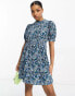 Pieces high neck tiered mini dress in blue ditsy floral