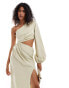 ASOS DESIGN one shoulder maxi dress with blouson sleeve and waist cut out in cream