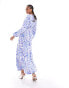 Vila v neck maxi dress with balloon sleeves in blue blurred spot print