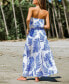 Women's Blue & White Palm Leaf Tube Midi Beach Dress