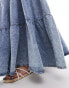 DTT Petite ruffle denim maxi skirt in blue acid wash