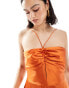 ASOS DESIGN halter tie ruched front straight leg satin jumpsuit in rust