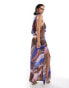 ASOS DESIGN satin asymmetric neck maxi dress with puddle hem in abstract print