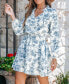 Women's Blue & White Toile Long Sleeve Mini Beach Dress