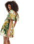 ASOS DESIGN square neck lace insert mini dress with puff sleeves in green floral print