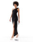 Vesper Tall one shoulder tie detail maxi dress with thigh split in black