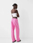 Bershka tie waist wide leg linen trousers in bright pink