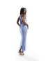 Rare London fringe detail halterneck midi dress in baby blue