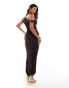 ASOS DESIGN off shoulder mesh draped maxi dress with contrast exposed seams in chocolate