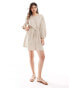 Vila linen touch tie waist mini dress in beige