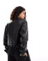 Lioness leather look collarless bomber jacket in black