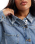 In The Style Plus silver foil detail crop denim jacket in light blue