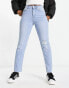 Pieces Luna high waist straight leg jeans with rip detail in blue