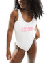 Pieces bride to be 'Bride Squad' low back swimsuit in white and pink