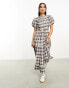 Reclaimed Vintage textured check shirring midi dress in brown