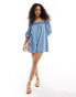 ASOS DESIGN soft denim off the shoulder playsuit with frill detail in midwash blue