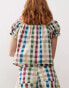 Reclaimed Vintage puff sleeve twill top with tie front in multi gingham co-ord