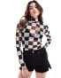 HUGO Blue long sleeve high neck mesh top in checkerboard