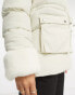 Threadbare Ski cinched waist hooded puffer coat with faux fur trims in ecru