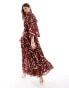 ASOS DESIGN ruched bodice button through maxi dress with frill details in red floral print